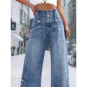찢어진 와이드 여자통 키작녀 린넨데님팬츠 여성용 하이 웨이스트 레그 청바지 단추 롱 팬츠 루즈 슬리밍