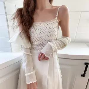 여자 폴리 얇은 슬림핏 잔꽃 크롭 나시 가디건 세트