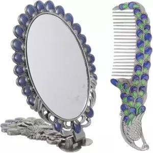 프레티줌 빈티지 메탈 핸드헬드 피콕 거울 손잡이 화장대 및 여행용 컴팩트 장식 작은 메이크업 세트 2종