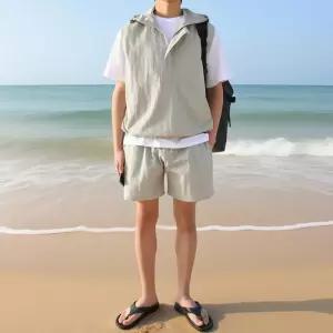 [지지블랙][SET] 로아 아노락 나일론 오버핏 반집업 후드 조끼 반바지 세트 밑단스트