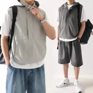 [지지블랙][1 1] 루블 아노락 나일론 오버핏 바람막이 반집업 조끼 베스트 밑단스트링