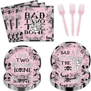 MOIZYNG 96개 배드 투 더 본 파티 식기 세트 로큰롤 2번째 생일 종이 접시 냅킨 포크 장식 2년 된 소녀들을