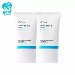 1+1 아토99 순한 비건 편백 수분 워터 선크림 SPF50+ PA++++ 가벼운 촉촉한 끈적임 없는 리프세이프 선크림