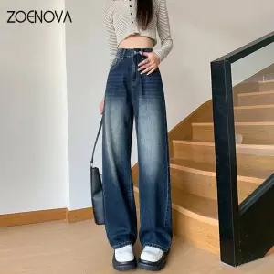 찢어진 와이드 여자통 키작녀 린넨데님팬츠 ZOENOVA 여성용 Y2k 청바지 레그 팬츠 하이 웨이스트 빈티지 캐