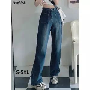 찢어진 와이드 여자통 키작녀 린넨데님팬츠 S-5XL 여성용 레트로 청바지 편안한 레저 데일리 트렌디 하이