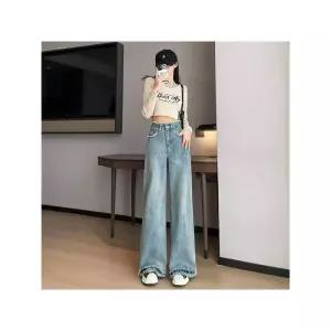 찢어진 와이드 여자통 키작녀 린넨데님팬츠 여성용 레그 캐주얼 청바지 플레어 팬츠 더블 레이어 커프스 날