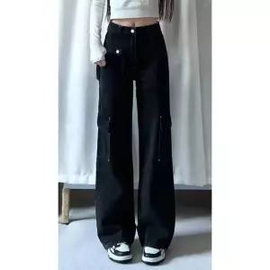 찢어진 와이드 여자통 키작녀 린넨데님팬츠 여성용 아메리칸 블랙 카고 팬츠 라지 사이즈 청바지 루즈한 스