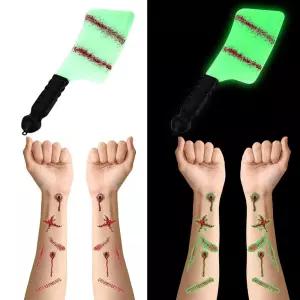 AmazingSpark 할로윈 가짜 나이프 흉터 타투 4장 어둠 속에서 빛나는 공포 소품 상처 스티커 코스프레 파티