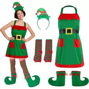 XLSXEXCL 여성용 엘프 코스튬 4개 크리스마스 앞치마 산타 머리띠 스트라이프 스타킹 펠트 슈즈 코스프레용