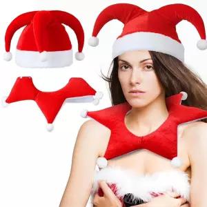 Jecery 2피스 레드 벨벳 광대 모자 칼라 성인용 크리스마스 코스튬 화이트 어릿광대 코스프레 액서리 홀리