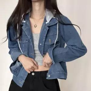 여성 여자 봄 간절기 캐주얼 세미 크롭 후드 진청 연 청 데님 자켓 외투 아우터 1P
