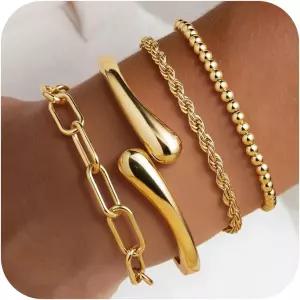 여성용 MMOHAM 청키 골드 도금 뱅글 팔찌 - 저자극성 14k 조절 가능한 스태킹 트위스트 커프 스택 트렌디한