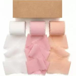 보이비 3롤 수제 쉬폰 리본 가장자리가 닳은 1.5인치 x 21야드 실크와 같은 패브릭 프린지 꽃꽂이 초대장