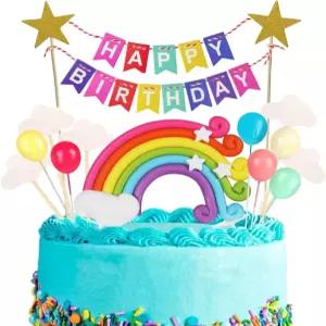 시후이메이 15개 케이크 토퍼 생일 축하 배너 수제 컵케이크 화려한 무지개 구름 풍선 별이 포함된 소년