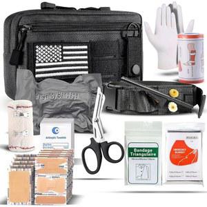 지혈대, 4인치 이스라엘 붕대, 탄력 붕대가 포함된 IFAK 외상 키트, 자동차, 캠핑, 하이킹 및 여행용 전술 응급 처치 키트 34개 세트(블랙)