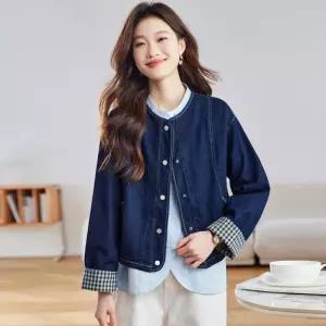 봄 캐주얼 여성용 청 화사한 재킷 복고풍 소매 체크 쇼트 코트 루즈핏 상의 DUCHI1