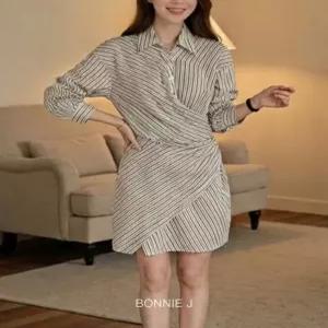 [보니제이]슬림핏 세로 줄무늬 셔링 원피스 허리 꼬임 랩 셔츠형