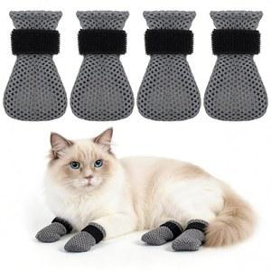 긁힘 방지를 위한 4Pc 고양이 장갑, 조절 가능한 부츠 메쉬 통기성 발톱 보호 커버, 회색 안티 스크래치 신발 양말 반려동물 목욕용 절단 손톱