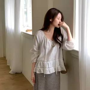 [코코블랑] 레로 셔링 프릴 블라우스