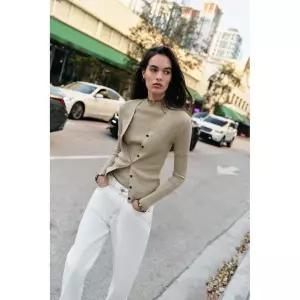 Zara 자라 콘트라스트 파이핑 골지 니트 재킷 - 스톤 2893/020/806