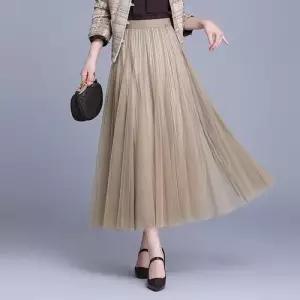 스커트 여자 롱 망사 가을 캐주얼 데일룩 A라인 쉬폰 출퇴근사 양면 플리츠 DAOL3