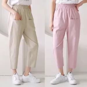 여성 여름 5컬러 린넨 앞포켓 밴딩 배기 바지 항아리 팬츠 PN0140S