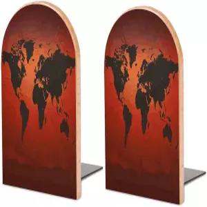 레드 앤 브라운 월드 맵 북엔드는 너도밤나무와 언으로 만들어졌습니다.북 정리함 - 장식용 비 스키드