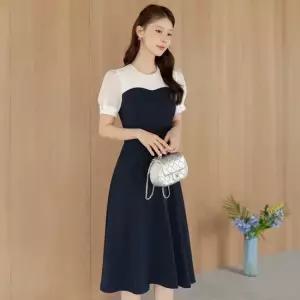 XXL까지) 바에벨라 배색 플레어 원피스 하객룩 오피스룩 모임룩 격식룩 빅사이즈