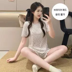 픽호샵 니트 면 여름 투피스 커플 바람막이 잠옷 반바지 패드 반팔 잠옷세트 멀티 세트 꾹2