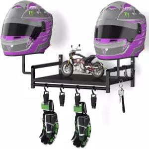 OYEAL 헬멧 랙 벽걸이 선반이 있는 검은색 오토바이 홀더 후크가 기어 보관 액세서리용 장갑 클립 4개
