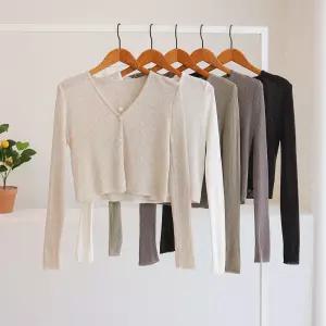 [잇수다] 유라엔 린넨 브이넥 세미크롭 골지 니트 가디건