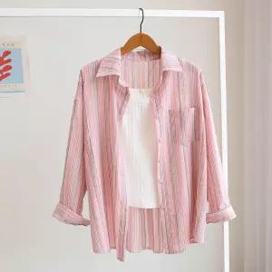 [잇수다] 핑톤 린넨 스트라이프 오버핏 카라 셔츠 남방