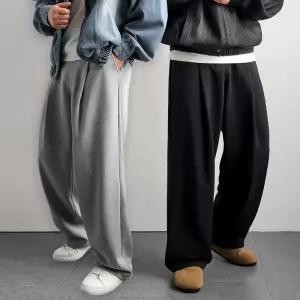리얼타임 핸드바텍 딥-원턱 와이드 스?팬츠/ 남자 트레이닝 스웨트 통 큰 넓은 회색 츄리닝 바지 커플 학생 [2C 3size]