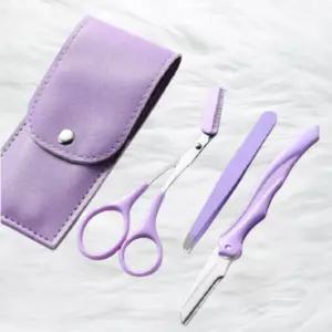 남녀공용 눈썹정리 3종세트 눈썹칼 숱가위 트위저 휴대용 가죽케이스 포함