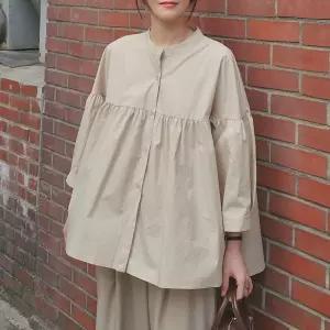 7부 퍼프 셔링 블라우스 면 라운드넥 루즈핏 여성 빅사이즈