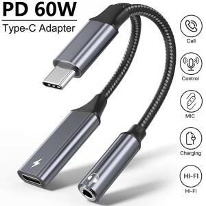 2in 1 USB-C to 3.5mm 헤드폰 잭 어댑터 타입 C PD 60W 충전 오디오 AUX 아이폰 아이패드 프로 삼성 S24 샤