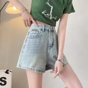 여성 청반바지 청바지 홍콩 스타일 빈티지 청 반바지 여름 하이웨스트 A라인 퍼 트리밍 캐주얼 핫팬츠 MF2