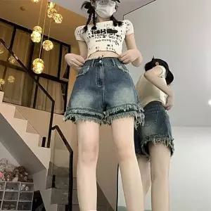 여성 청반바지 청바지 워싱 빈티지 청 반바지 여름 하이웨스트 A라인 퍼 와이드 핫팬츠 MF2