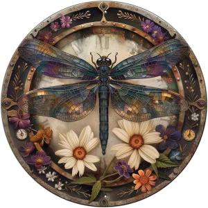마카고 잠자리 장식 금속 화환 표지판 8x8 인치 야드 아트 빈티지 스테인드글라스 플로럴 월 가정용 야외