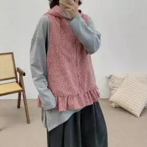 여친 캐주얼 조끼 후드 체크 계 집업 민소매 톱 BE1