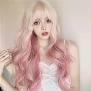 여성 핑크 가발 통가발 롱 웨이브 가발 앞머리 패션 헤어