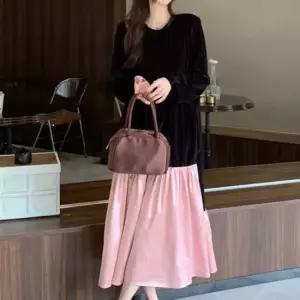 [SBD] 플레어 배색 라인 벨벳 라운드넥 롱원피스 여유핏