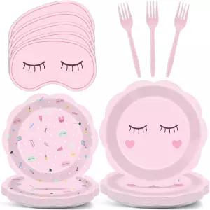 96Pcs 스파 파티 장식 종이 접시 냅킨 핑크 슬립오버 식기 세트 슬럼버 용품 여아 메이크업을 위한 저녁