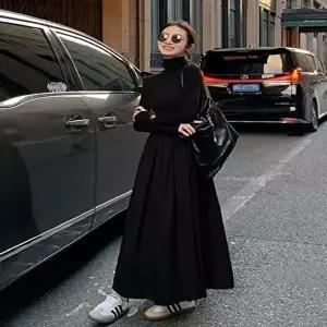 여성 목폴라 하이웨스트 A라인 롱원피스 체형 커버 (HSJ-WD98B7D)