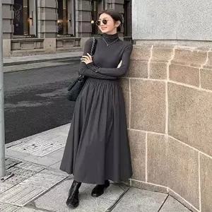 여성 하이넥 하이웨스트 긴팔 롱원피스 목폴라 원피스 (HSJ-WE21E96)