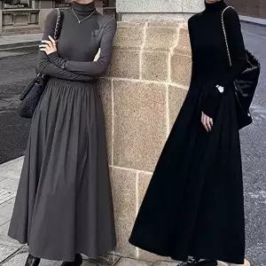 하이웨스트 A라인 여성 긴팔 목티 롱 원피스 체형커버 (HSJ-WD0A2D8)