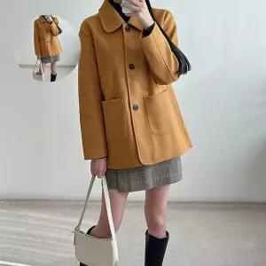 누빔 안감 따듯한 여성 라운드 카라 코트 머스타드