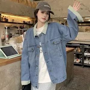 여자 데일리 루즈핏 배색 카라 연청 데님 청자켓 (HSJ-WFGVCOW)