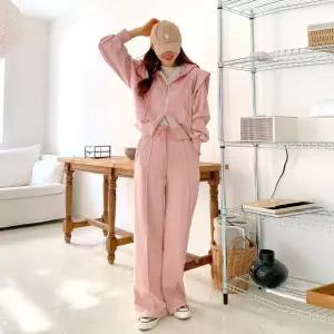 여성 봄 가을 면 무지 투웨이 후드집업 핀턱 와이드팬츠 트레이닝 세트 츄리닝 셋업 PST0251S