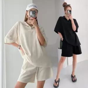 여성 여름 면 카라 반팔 롱티셔츠 밴딩 반바지 트레이닝 세트 PST0083S 빅사이즈 루즈핏